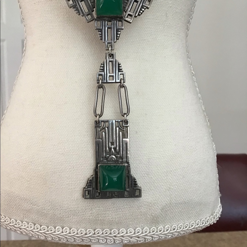 Antique Art Deco Sterling Chrysoprase Necklace - Picture 2 of 11